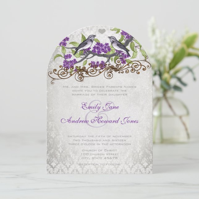 Invitación a la boda de la mordaza de pájaro morad (Anverso de pie)