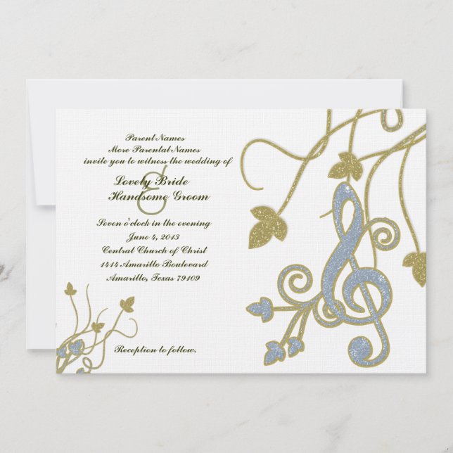 Invitación a la boda de la música blanca Blue Gold (Anverso)