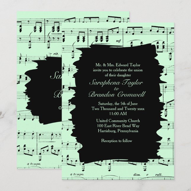Invitación a la boda de la música verde abstracta  (Anverso / Reverso)