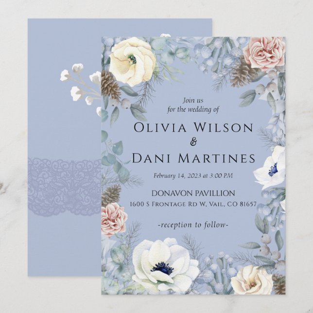 Invitación a la boda de la naturaleza floral azul  (Anverso / Reverso)