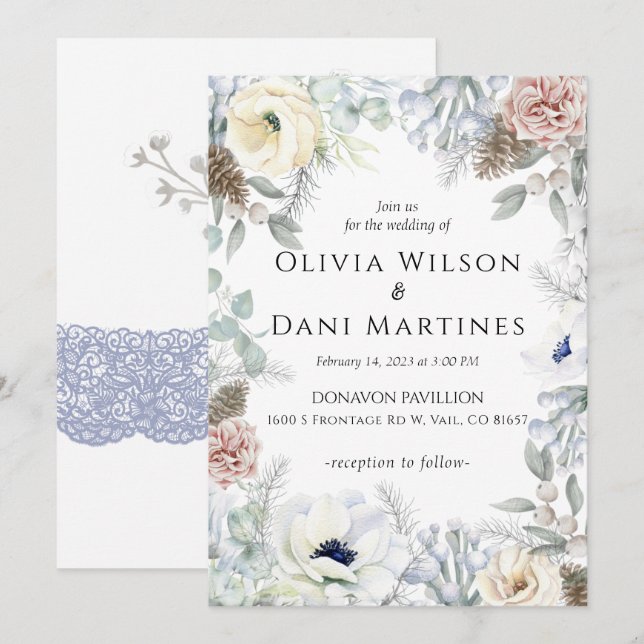 Invitación a la boda de la naturaleza floral azul  (Anverso / Reverso)