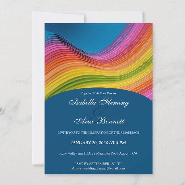 Invitación a la boda de la ola de arcoiris moderna (Anverso)