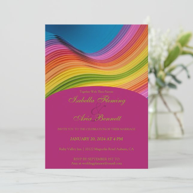 Invitación a la boda de la ola de arcoiris moderna (Anverso de pie)