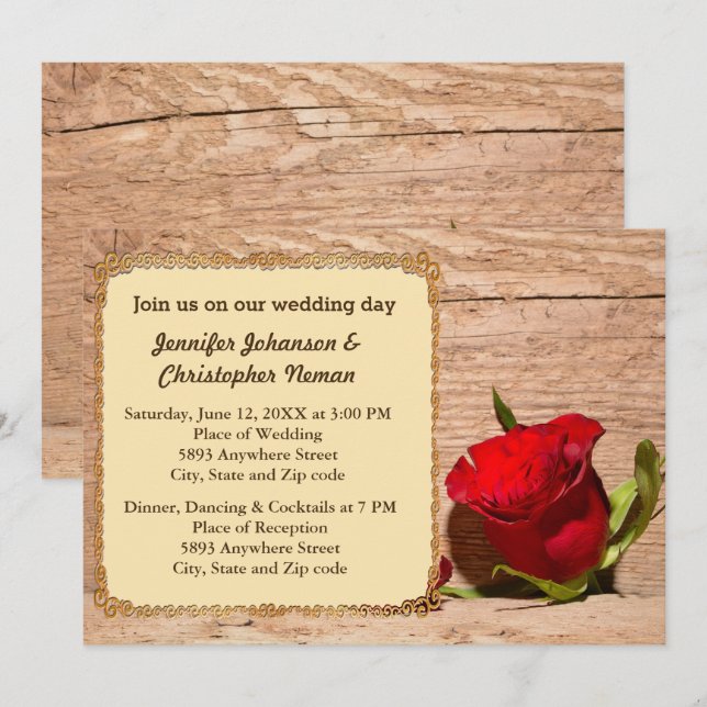 Invitación a la boda de la pared de madera y la ro (Anverso / Reverso)