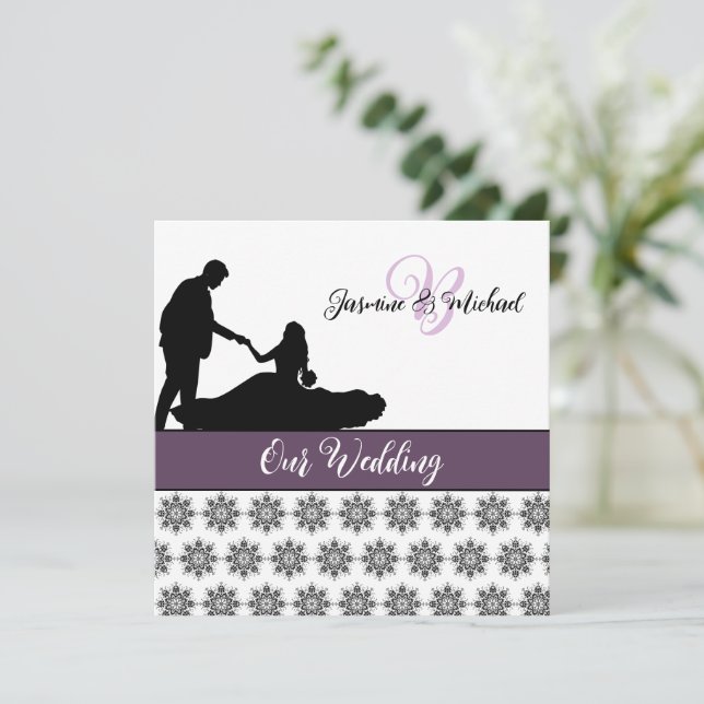 Invitación a la boda de la pareja boda Damask (Anverso de pie)