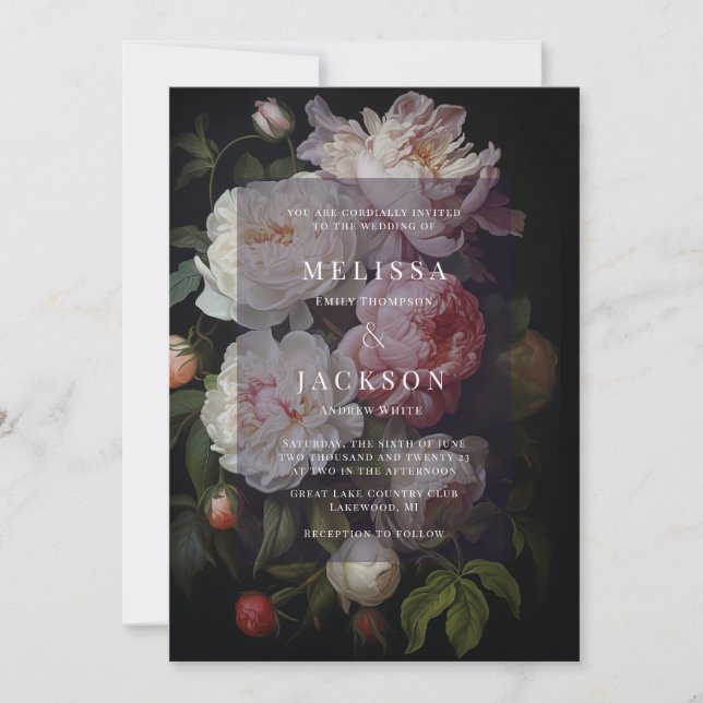 Invitación a la boda de la Peonia Blanca Moody (Anverso)