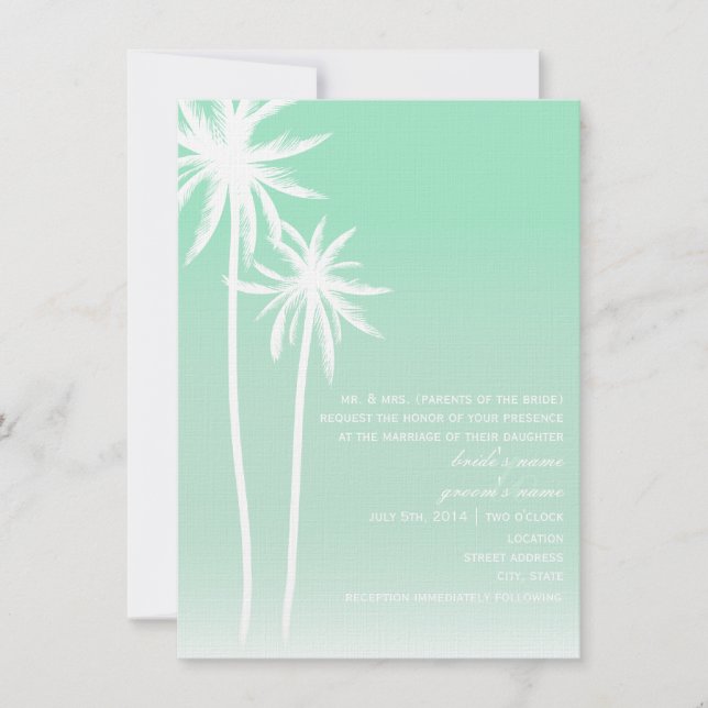 Invitación a la boda de la playa Aqua Ombré Palm T (Anverso)