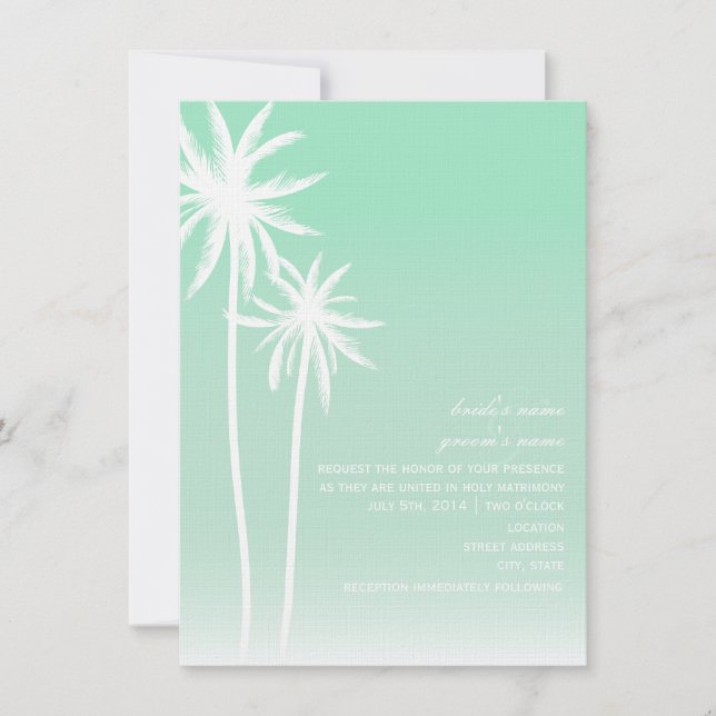 Invitación a la boda de la playa Aqua Ombré Palm T (Anverso)