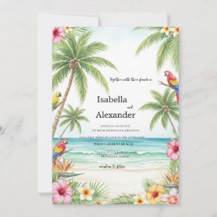 Invitación a la boda de la playa de acuarela tropi