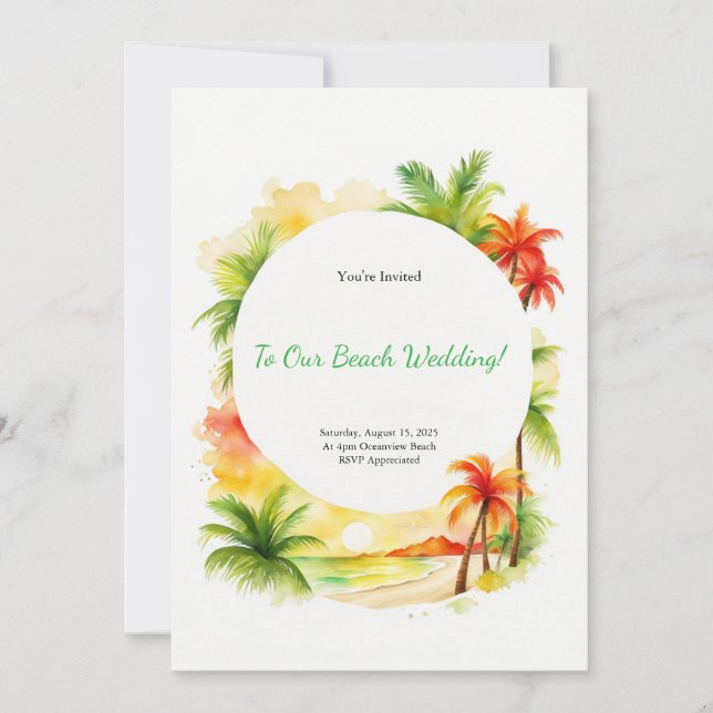 Invitación a la boda de la playa de acuarela tropi (Anverso)