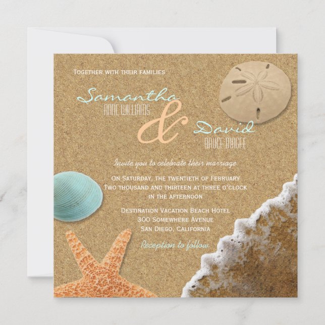 Invitación a la boda de la playa de arena y concha (Anverso)
