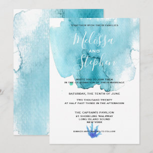 Invitación a la boda de la playa de color azul esp