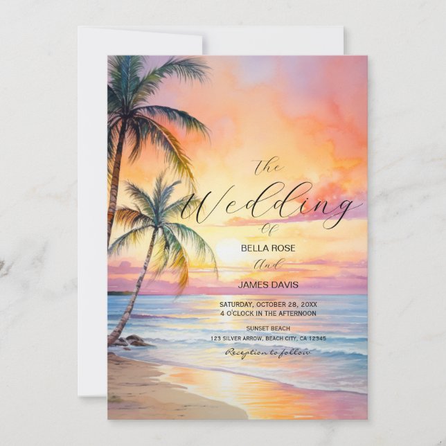 Invitación a la boda de la playa de destino Sunset (Anverso)