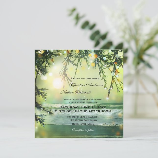 Invitación a la boda de la playa de Sparkling Ligh (Anverso de pie)