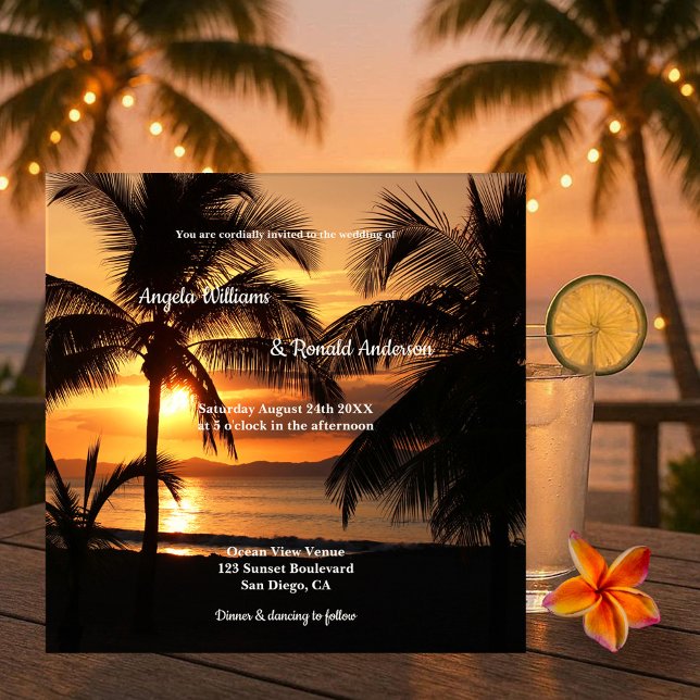 Invitación a la boda de la playa del atardecer de  (Romantic destination wedding invitation featuring a sunset at the beach framed by palm trees)