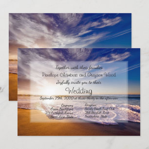 Invitación a la boda de la playa del atardecer tro