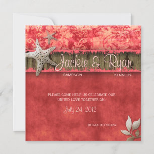 Invitación a la boda de la playa Rojo de coral de 