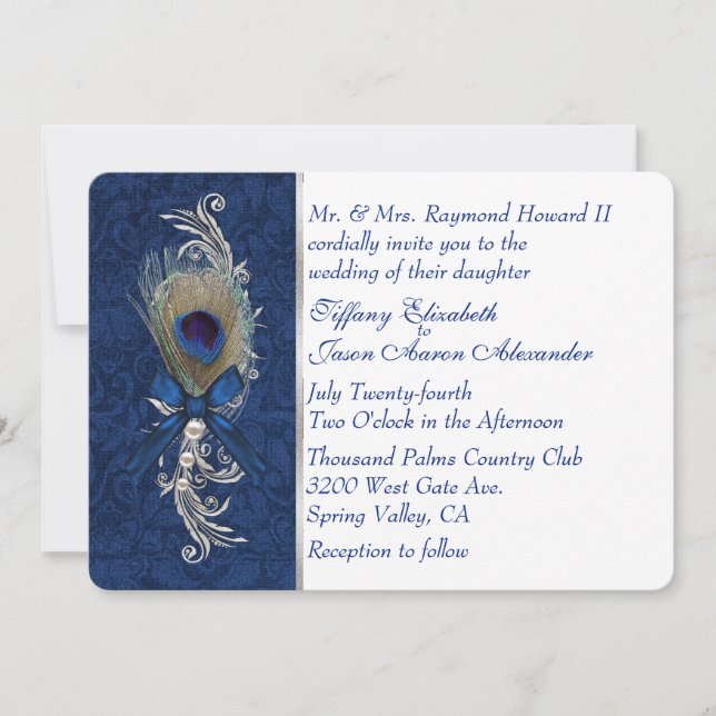 Invitación a la boda de la pluma de damasco y pavo (Anverso)