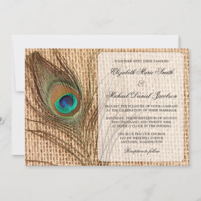 Invitación a la boda de la pluma de pavo real (Anverso)