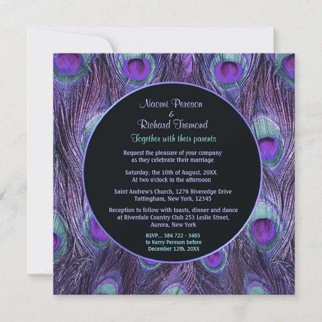 Invitación a la boda de la pluma de pavo real (Anverso)