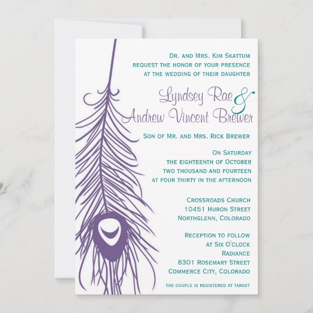 Invitación a la boda de la pluma de pavo real (Anverso)