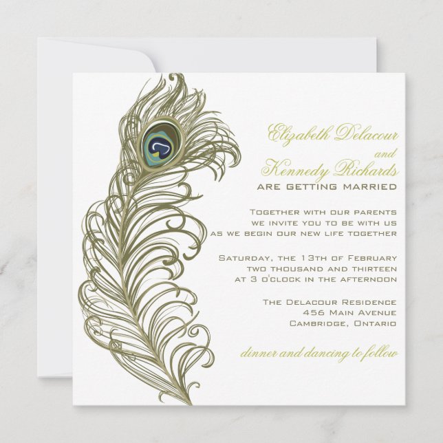 Invitación a la boda de la pluma de pavo real (Anverso)