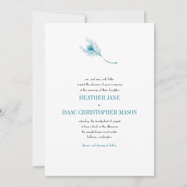 Invitación a la boda de la pluma de pavo real (Anverso)