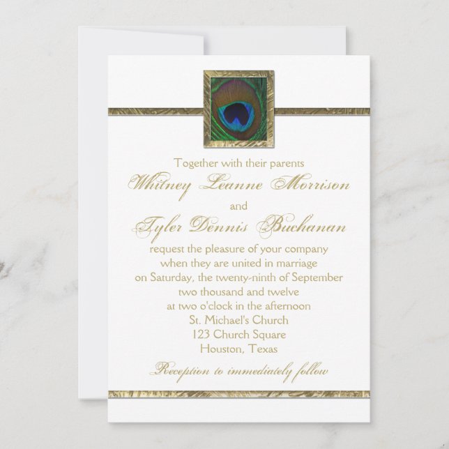 Invitación a la boda de la pluma de pavo real blan (Anverso)