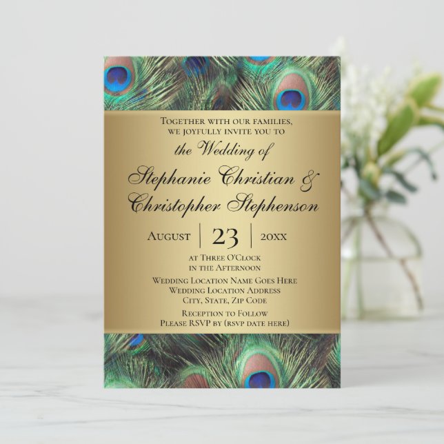 Invitación a la boda de la pluma de pavo real de o (Anverso de pie)