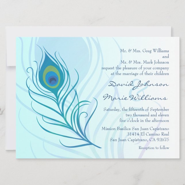 Invitación a la boda de la pluma de pavo real Verd (Anverso)