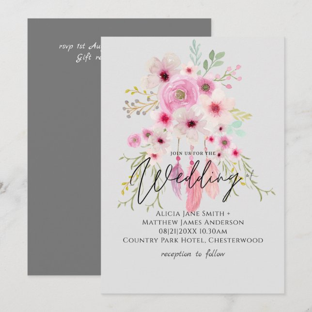 Invitación a la boda de la pluma floral de Pink Ma (Anverso / Reverso)