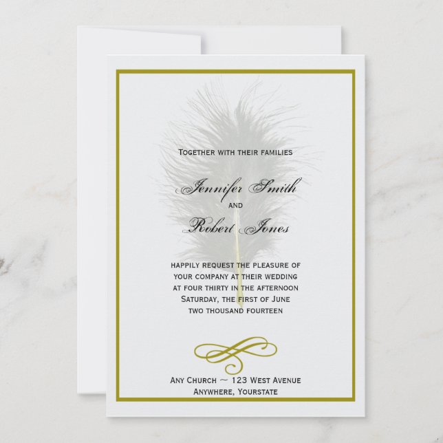 Invitación a la boda de la pluma marabú dorada y b (Anverso)