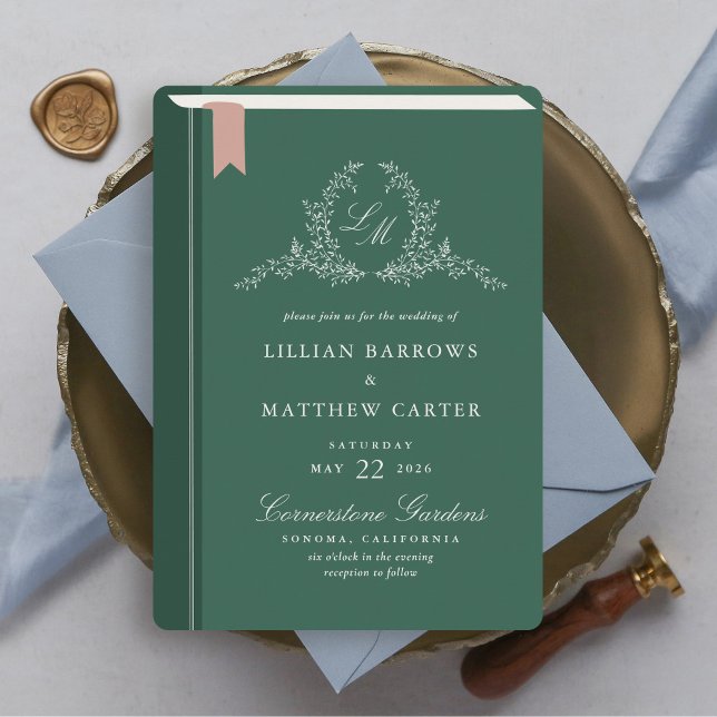 Invitación a la boda de la portada del libro de mo (Monogram Book Cover Wedding Invitation)