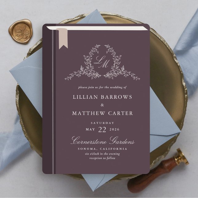 Invitación a la boda de la portada del libro de mo (Monogram Book Cover Wedding Invitation)