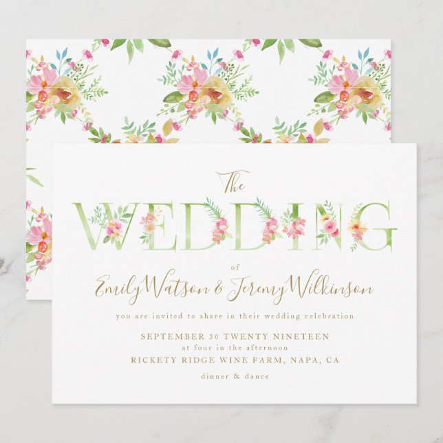 Invitación a la boda de la primavera floral acuare (Anverso / Reverso)