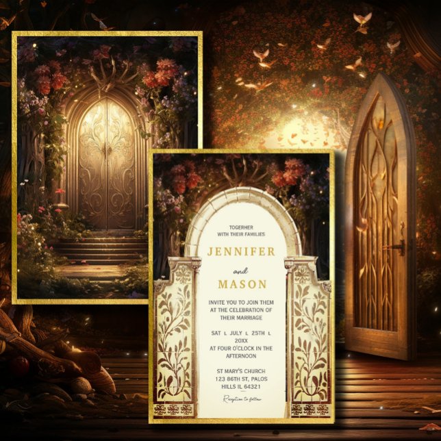 Invitación a la boda de la puerta de jardín encant (Enchanted Garden Gate Wedding Invitation #zazzlemade #dreamyinvitation#zazzlefinds #vintagefairytale)