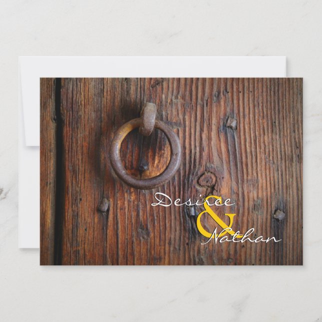 Invitación a la boda de la puerta de un bar rústic (Anverso)