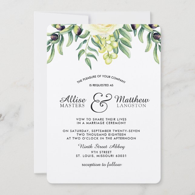 Invitación a la boda de la Rama de Olive White Ros (Anverso)