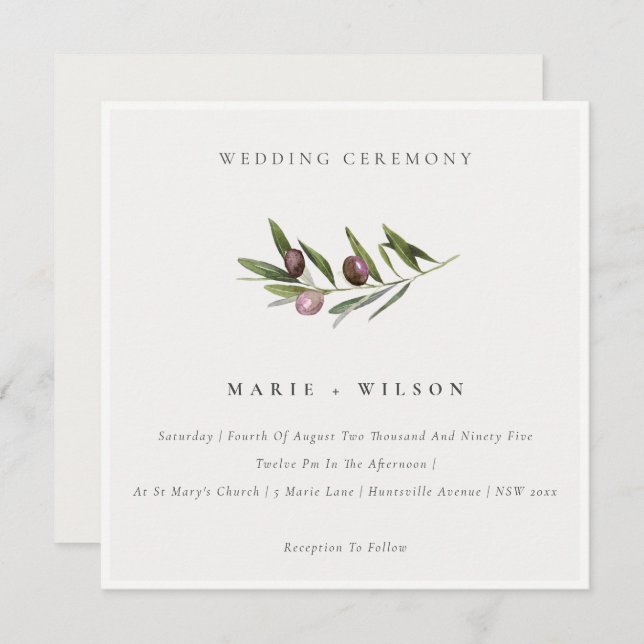 Invitación a la boda de la rama de olivo mínima rú (Anverso / Reverso)