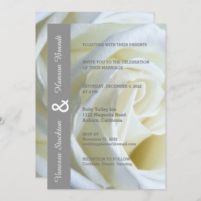 Invitación a la boda de la rosa blanca moderna (Anverso / Reverso)
