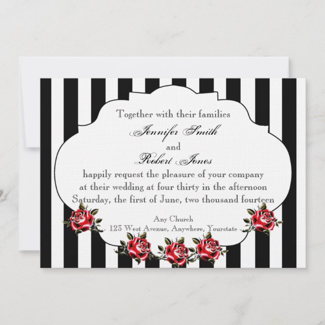 Invitación a la boda de la rosa blanca y roja negr (Anverso)