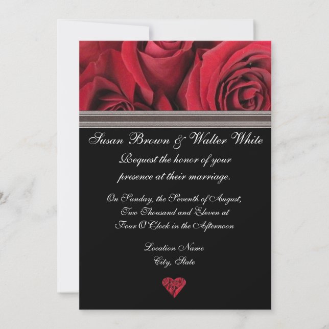 Invitación a la boda de la Rosa Roja con cinta gri (Anverso)