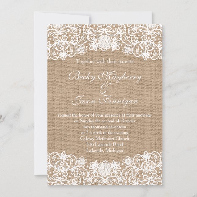 Invitación a la boda de la rúbrica Burlap Lace (Anverso)