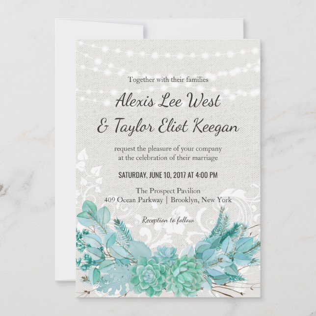 Invitación a la boda de la suculenta acuarela azul (Anverso)