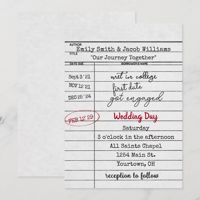 Invitación a la boda de la tarjeta de biblioteca (Anverso / Reverso)