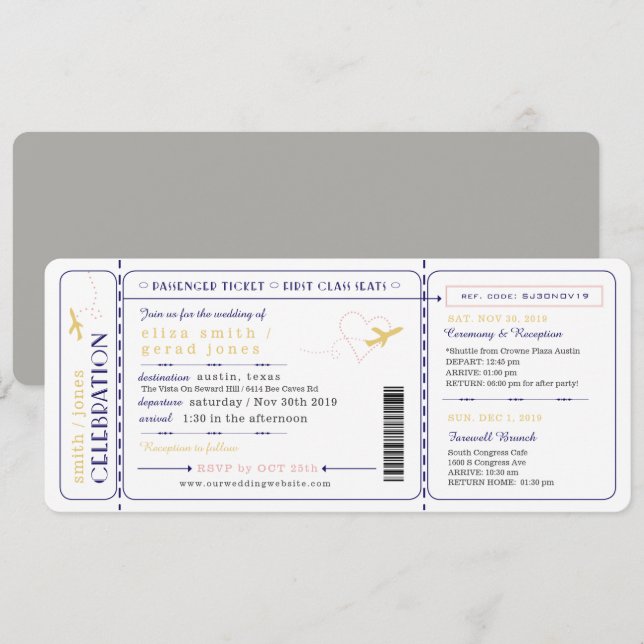 Invitación a la boda de la tarjeta de embarque par (Anverso / Reverso)