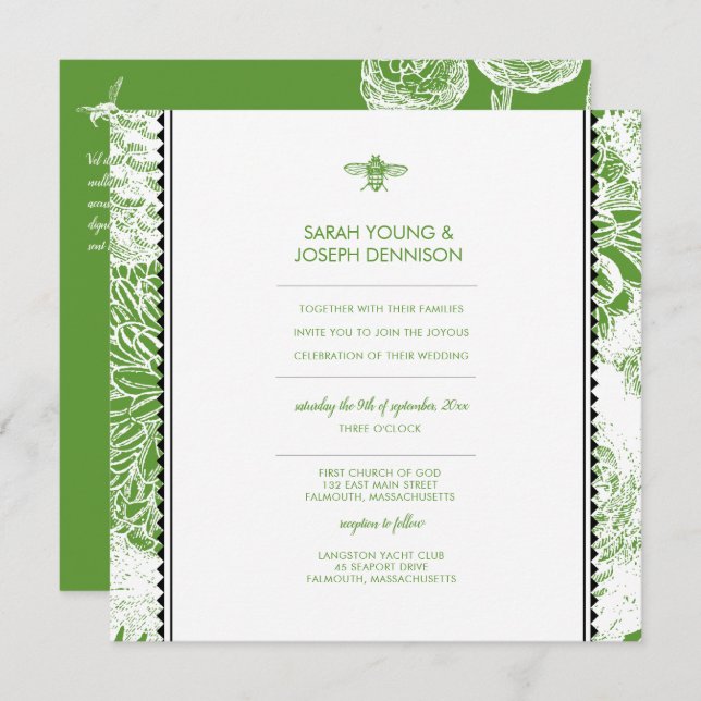 Invitación a la boda de la tela verde de la abeja  (Anverso / Reverso)