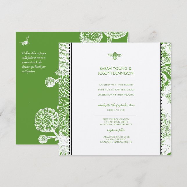 Invitación a la boda de la tela verde de la abeja  (Anverso / Reverso)