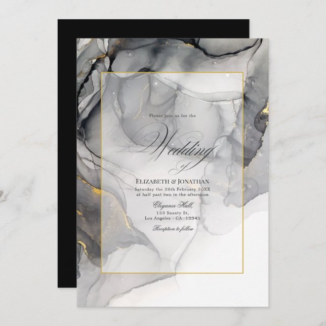 Invitación a la boda de la tinta del alcohol negro (Anverso / Reverso)