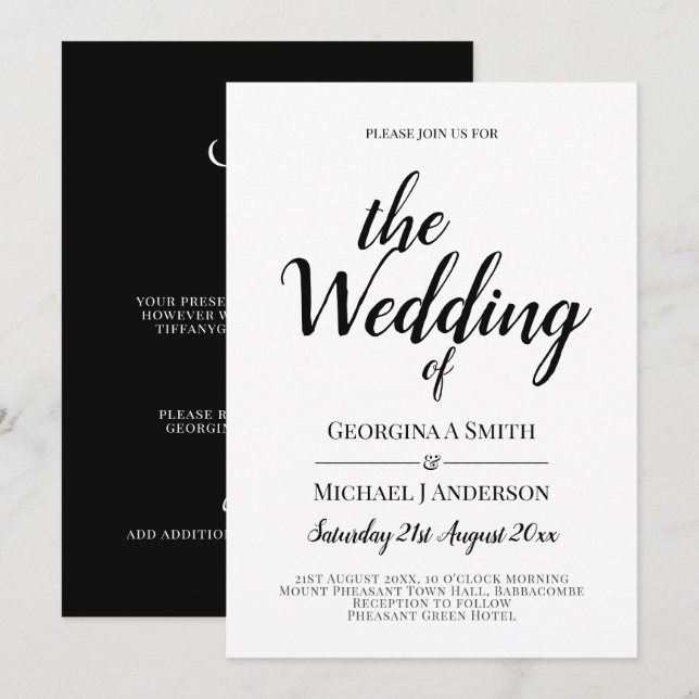 Invitación a la boda de la tipografía blanca clási (Anverso / Reverso)